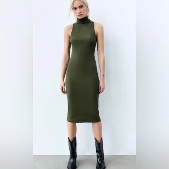 Zara Green Turtleneck Sleeveless Maxi Dress